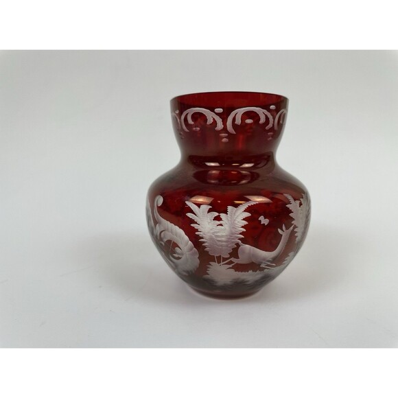 Vintage Egermann Czech Ruby Red Cut to Clear Etched Glass Mini Vase 3" - Picture 10 of 14